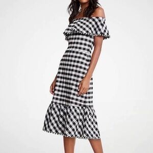 Ann Taylor Black White Gingham Off the shoulder Midi Dress